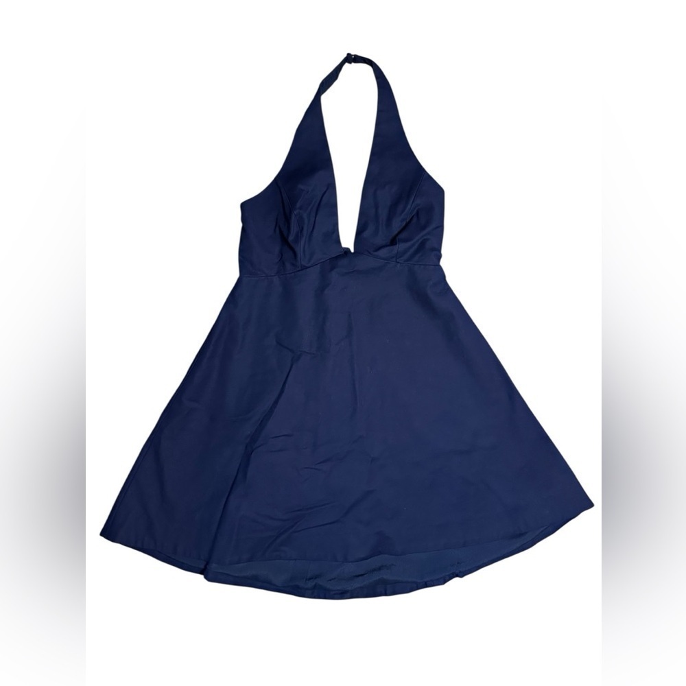 Halston Heritage Navy Blue Halter Flare Dress Size 8 - Picture 2 of 7